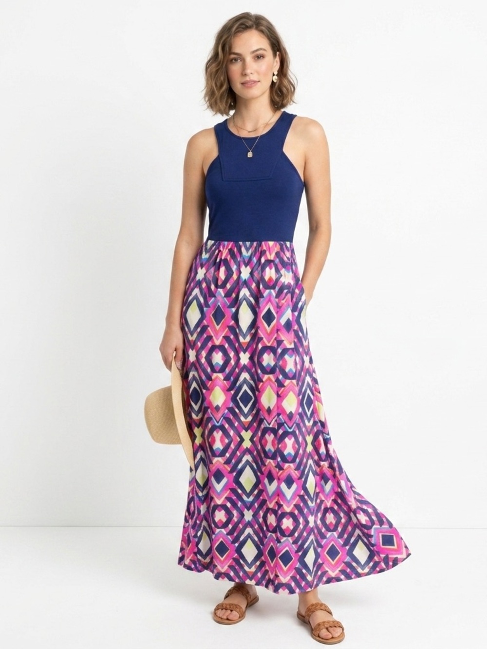 Alice & Trixie | Navy & Pink Abstract Patterned Silk Maxi Dress Open Back